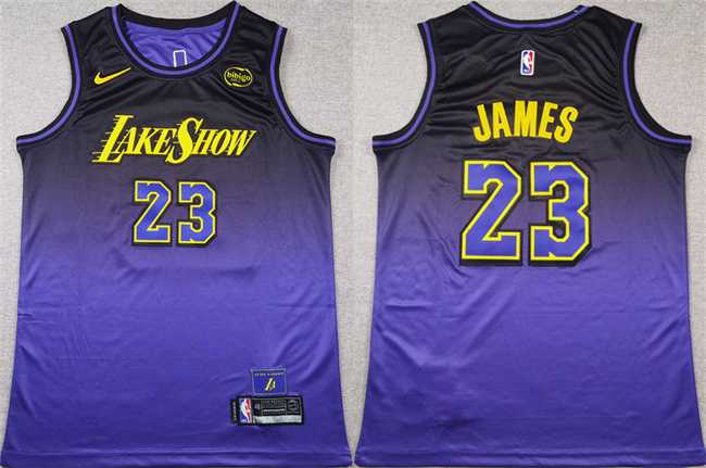 Mens Los Angeles Lakers #23 LeBron James Purple 2024 Stitched Basketball Jersey